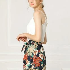 Allegra K Women's High Tie Elastic Waist Ruffle A-Line Floral Culottes Shorts