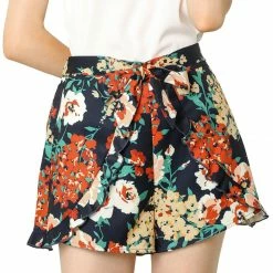 Allegra K Women's High Tie Elastic Waist Ruffle A-Line Floral Culottes Shorts