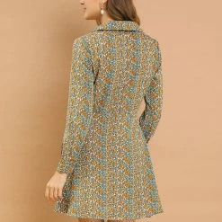 Allegra K Women's Vintage Floral Print Camp Collar Dresses Long Sleeve Button Down Short Shirtdress