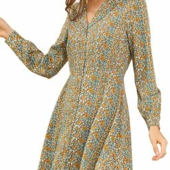 Allegra K Women's Vintage Floral Print Camp Collar Dresses Long Sleeve Button Down Short Shirtdress