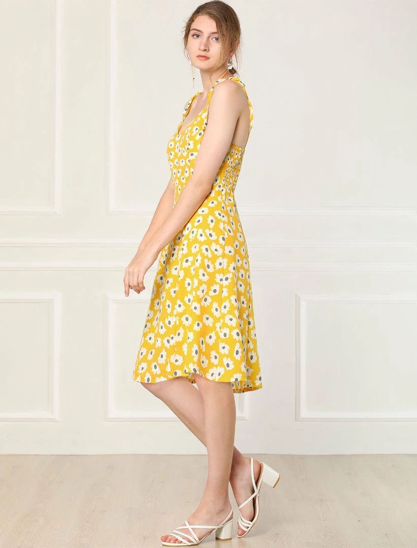 Allegra K Women's Summer Spaghetti Strap Floral Knee Length Sleeveless Smocked Dress 18 Allegra K Women's Summer Spaghetti Strap Floral Knee Length Sleeveless Smocked Dress