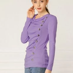 Women Allegra K Cowl Neck Long Sleeves Buttons Decor Ruched Top 111 Women Allegra K Cowl Neck Long Sleeves Buttons Decor Ruched Top