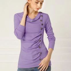 Women Allegra K Cowl Neck Long Sleeves Buttons Decor Ruched Top 112 Women Allegra K Cowl Neck Long Sleeves Buttons Decor Ruched Top
