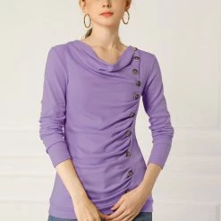 Women Allegra K Cowl Neck Long Sleeves Buttons Decor Ruched Top 113 Women Allegra K Cowl Neck Long Sleeves Buttons Decor Ruched Top