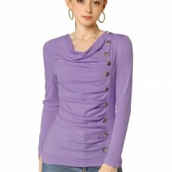 Women Allegra K Cowl Neck Long Sleeves Buttons Decor Ruched Top 110 Women Allegra K Cowl Neck Long Sleeves Buttons Decor Ruched Top