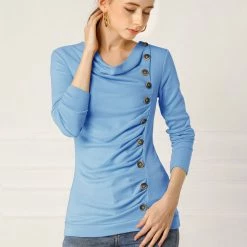 Women Allegra K Cowl Neck Long Sleeves Buttons Decor Ruched Top 106 Women Allegra K Cowl Neck Long Sleeves Buttons Decor Ruched Top