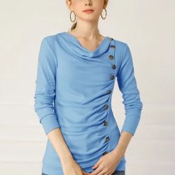 Women Allegra K Cowl Neck Long Sleeves Buttons Decor Ruched Top 107 Women Allegra K Cowl Neck Long Sleeves Buttons Decor Ruched Top