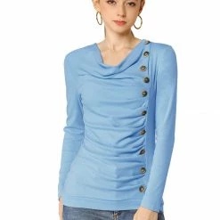 Women Allegra K Cowl Neck Long Sleeves Buttons Decor Ruched Top 104 Women Allegra K Cowl Neck Long Sleeves Buttons Decor Ruched Top