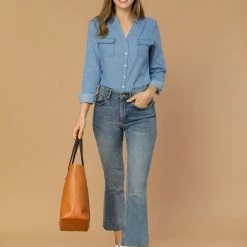 Allegra K Women's Denim Top Split Neck Chest Pocket Long Sleeve Jean Button Down Shirt