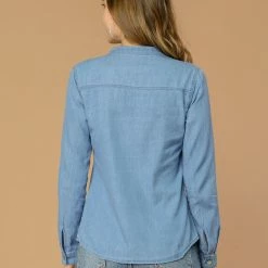 Allegra K Women's Denim Top Split Neck Chest Pocket Long Sleeve Jean Button Down Shirt