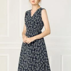 Allegra K Women's Vintage Summer Sleeveless V Neck Tie Waist Floral Wrap Midi Dress 11 Allegra K Women's Vintage Summer Sleeveless V Neck Tie Waist Floral Wrap Midi Dress