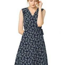 Allegra K Women's Vintage Summer Sleeveless V Neck Tie Waist Floral Wrap Midi Dress