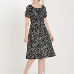 Allegra K Women's Pleated Waist Ruched Sleeve Floral Prints Flare Dress 28 Allegra K Women's Pleated Waist Ruched Sleeve Floral Prints Flare Dress