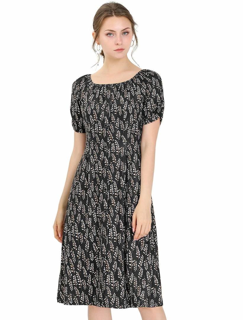 Allegra K Women's Pleated Waist Ruched Sleeve Floral Prints Flare Dress 9 Allegra K Women's Pleated Waist Ruched Sleeve Floral Prints Flare Dress