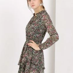 Allegra K Floral Printed Ruffled Tie V Neck Smocked Waist Dress 115 Allegra K Floral Printed Ruffled Tie V Neck Smocked Waist Dress