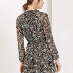 Allegra K Floral Printed Ruffled Tie V Neck Smocked Waist Dress 116 Allegra K Floral Printed Ruffled Tie V Neck Smocked Waist Dress