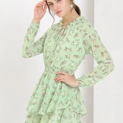 Allegra K Floral Printed Ruffled Tie V Neck Smocked Waist Dress 107 Allegra K Floral Printed Ruffled Tie V Neck Smocked Waist Dress