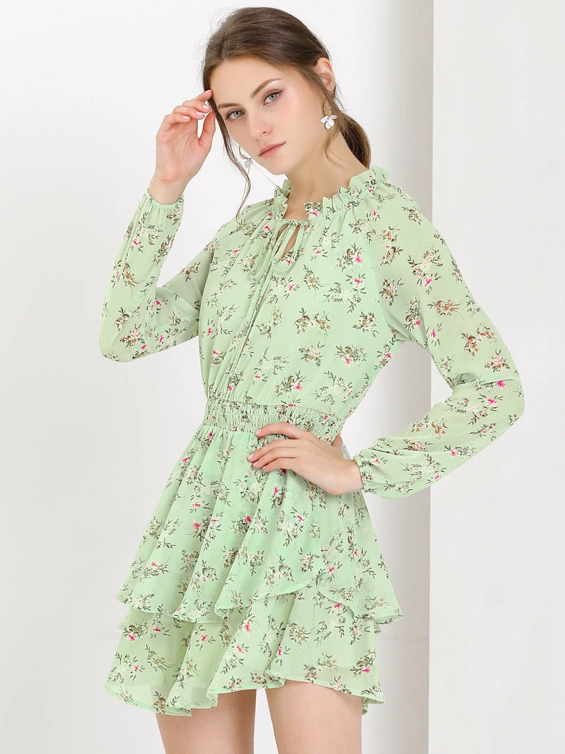 Allegra K Floral Printed Ruffled Tie V Neck Smocked Waist Dress 23 Allegra K Floral Printed Ruffled Tie V Neck Smocked Waist Dress