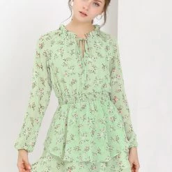 Allegra K Floral Printed Ruffled Tie V Neck Smocked Waist Dress 108 Allegra K Floral Printed Ruffled Tie V Neck Smocked Waist Dress