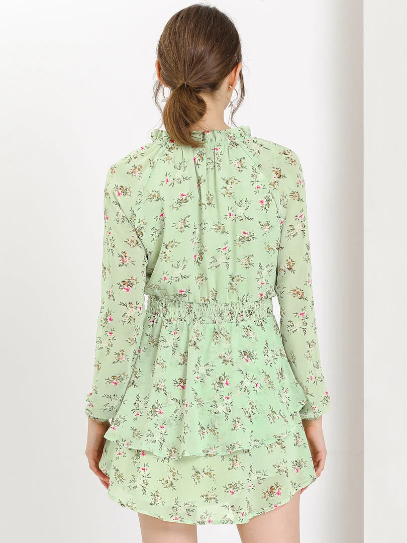 Allegra K Floral Printed Ruffled Tie V Neck Smocked Waist Dress 26 Allegra K Floral Printed Ruffled Tie V Neck Smocked Waist Dress