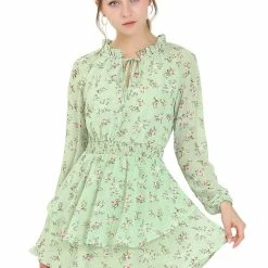 Allegra K Floral Printed Ruffled Tie V Neck Smocked Waist Dress 106 Allegra K Floral Printed Ruffled Tie V Neck Smocked Waist Dress