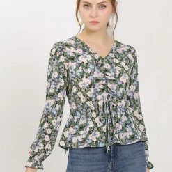 Allegra K Women's V Neck Ruched Long Ruffle Sleeves Floral Printed Peplum Blouse Top 12 Allegra K Women's V Neck Ruched Long Ruffle Sleeves Floral Printed Peplum Blouse Top