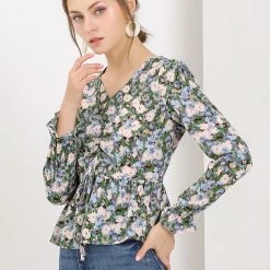 Allegra K Women's V Neck Ruched Long Ruffle Sleeves Floral Printed Peplum Blouse Top 13 Allegra K Women's V Neck Ruched Long Ruffle Sleeves Floral Printed Peplum Blouse Top