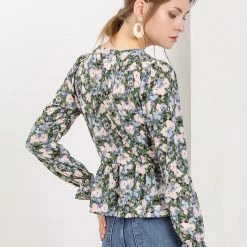 Allegra K Women's V Neck Ruched Long Ruffle Sleeves Floral Printed Peplum Blouse Top 14 Allegra K Women's V Neck Ruched Long Ruffle Sleeves Floral Printed Peplum Blouse Top