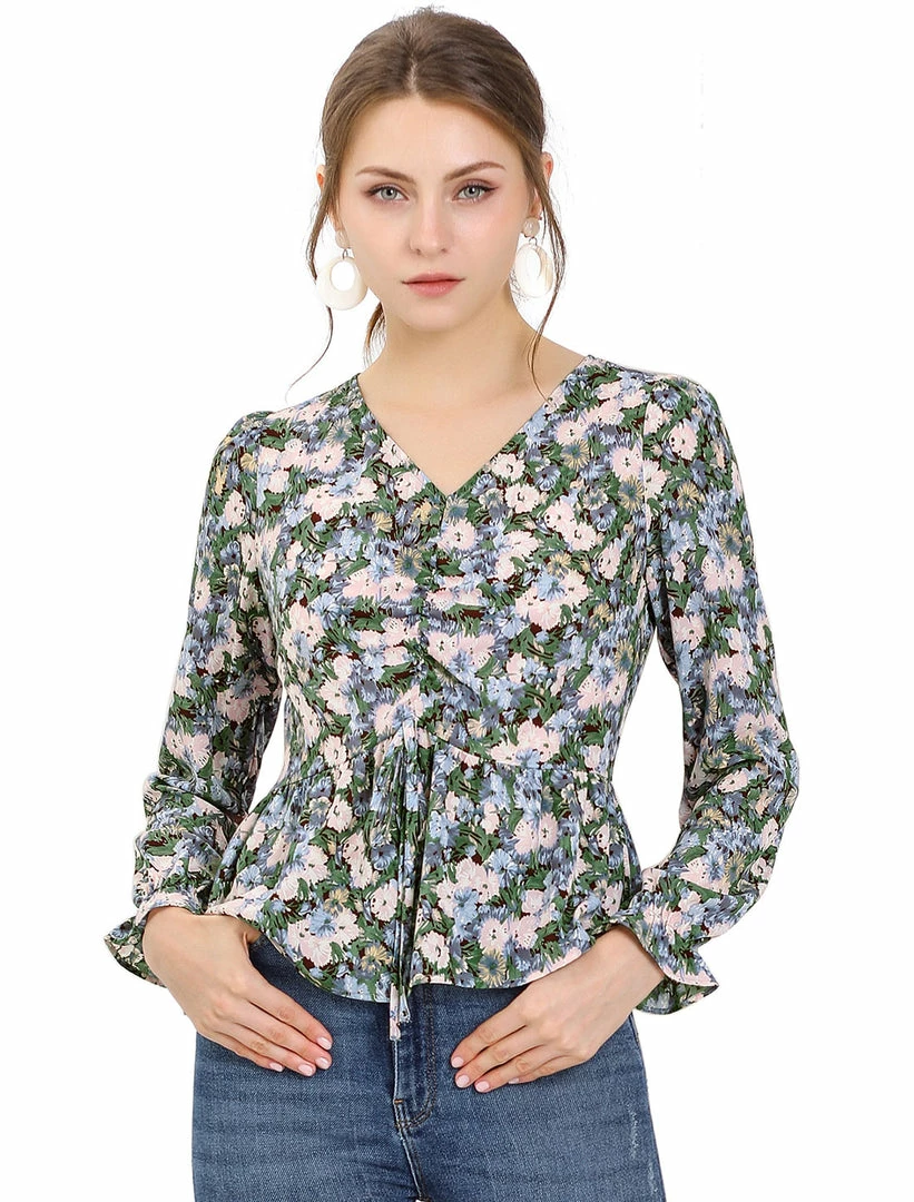 Allegra K Women's V Neck Ruched Long Ruffle Sleeves Floral Printed Peplum Blouse Top 4 Allegra K Women's V Neck Ruched Long Ruffle Sleeves Floral Printed Peplum Blouse Top