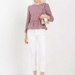 Allegra K Women's Ruffle Puff Sleeve Round Neck Gingham Printed Button Zipper Crop Top Blouse