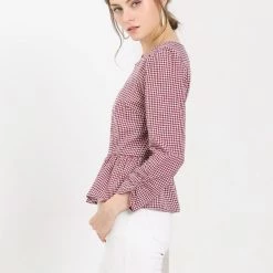 Allegra K Women's Ruffle Puff Sleeve Round Neck Gingham Printed Button Zipper Crop Top Blouse