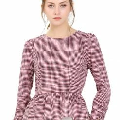 Allegra K Women's Ruffle Puff Sleeve Round Neck Gingham Printed Button Zipper Crop Top Blouse