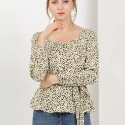 Allegra K Women's Floral Long Sleeve Tops Square Neck Peplum Blouse With Belt