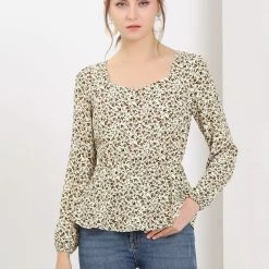 Allegra K Women's Floral Long Sleeve Tops Square Neck Peplum Blouse With Belt