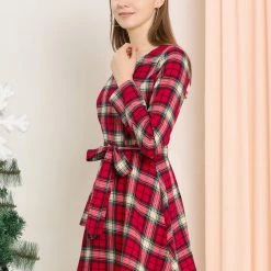 Allegra K Women's Plaids Vintage V Neck Long Sleeve Belted Dress