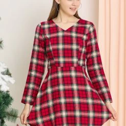 Allegra K Women's Plaids Vintage V Neck Long Sleeve Belted Dress