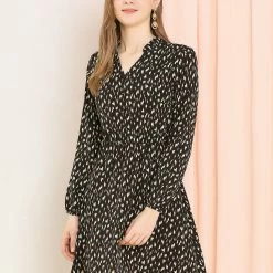 Allegra K Women's Floral Stand Collar Wild Button Decor Leopard Print Dress