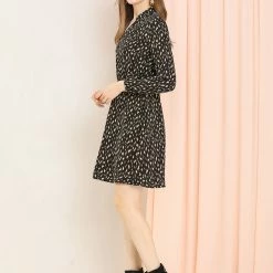 Allegra K Women's Floral Stand Collar Wild Button Decor Leopard Print Dress