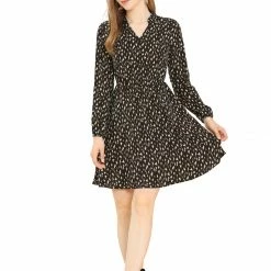 Allegra K Women's Floral Stand Collar Wild Button Decor Leopard Print Dress