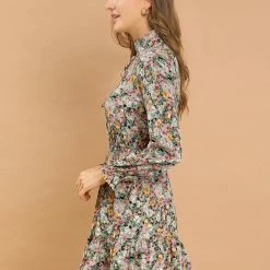 Allegra K Women's Ruffled Collar Long Sleeve Elastic Waist Ruffle Hem Floral Dress