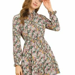 Allegra K Women's Ruffled Collar Long Sleeve Elastic Waist Ruffle Hem Floral Dress