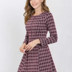 Allegra K Women's Vintage Plaid Long Sleeve Zip Up Fit And Flare Mini Dress
