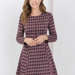 Allegra K Women's Vintage Plaid Long Sleeve Zip Up Fit And Flare Mini Dress