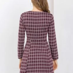 Allegra K Women's Vintage Plaid Long Sleeve Zip Up Fit And Flare Mini Dress