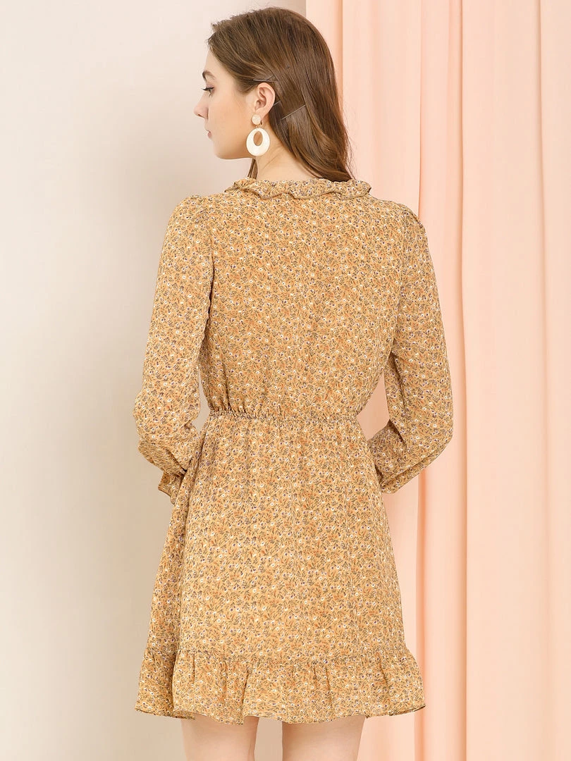 Allegra K Women's Ruffle Neck Elastic Waist Button Front Puff Sleeve Floral Dress 14 Allegra K Women's Ruffle Neck Elastic Waist Button Front Puff Sleeve Floral Dress