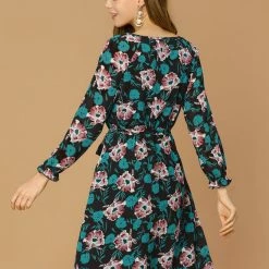 Allegra K Women's Floral Raglan Sleeves Boat Neck Elastic Waist Belted Dress