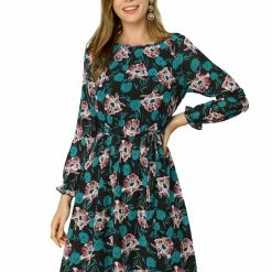 Allegra K Women's Floral Raglan Sleeves Boat Neck Elastic Waist Belted Dress