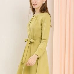 Allegra K Women's Elegant Long Sleeve Round Neck Tie Waist Belted Mini Button Down Dress