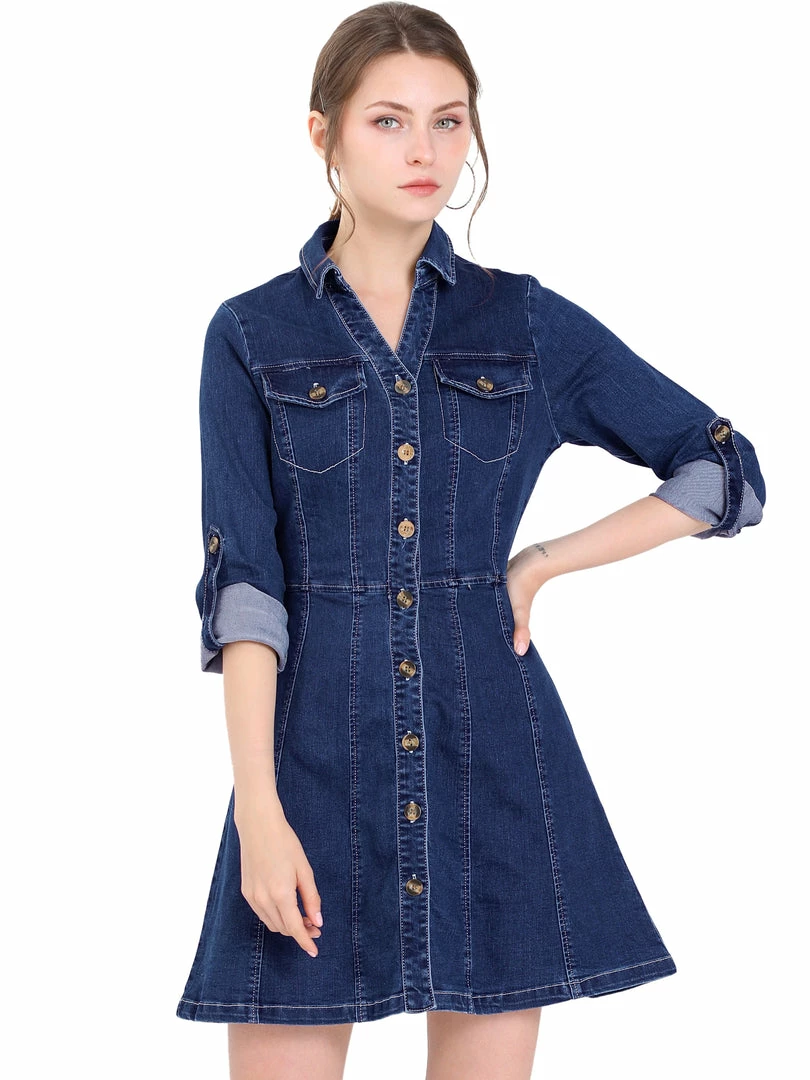 Allegra K Women's Denim Button Down Collar V-Neck Roll Up Sleeve Shirt Dress 11 Allegra K Women's Denim Button Down Collar V-Neck Roll Up Sleeve Shirt Dress