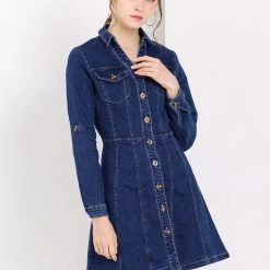 Allegra K Women's Denim Button Down Collar V-Neck Roll Up Sleeve Shirt Dress 36 Allegra K Women's Denim Button Down Collar V-Neck Roll Up Sleeve Shirt Dress